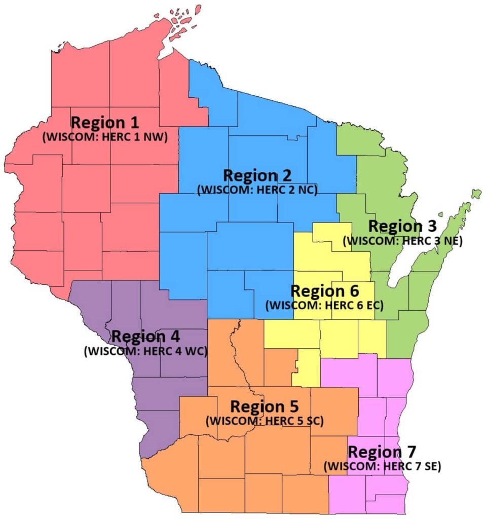 Health Care Emergency Response Coalition Regions on a Wisconsin Map