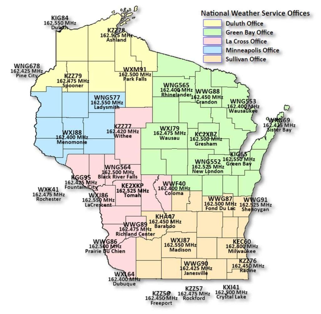 Locations of NOAA Weather Radio Sites on a map of Wisconsin