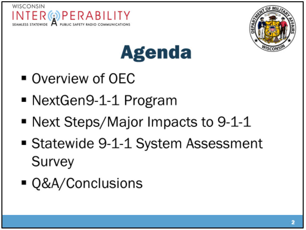 An agenda slide from a presentation