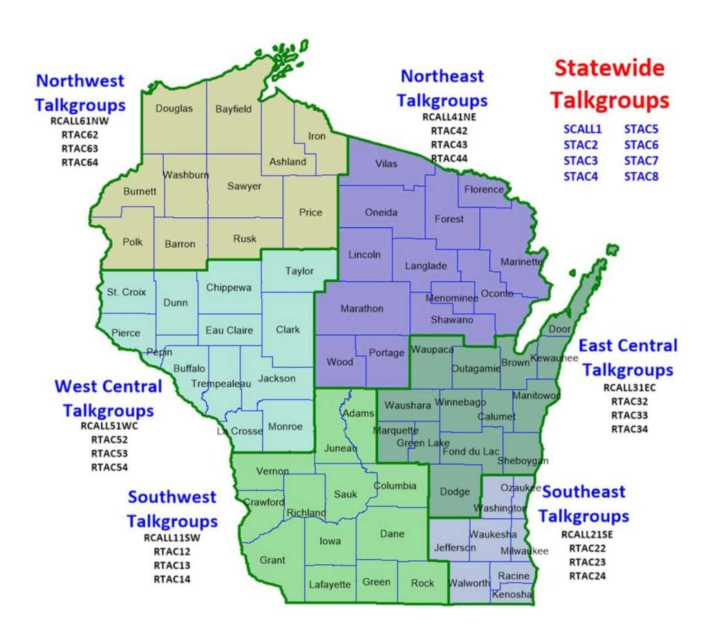 A map of WISCOM Interoperability Talkgroups in Wisconsin.