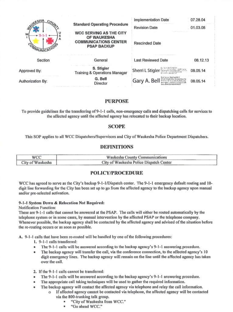An example of a standard operating procedure letter page one