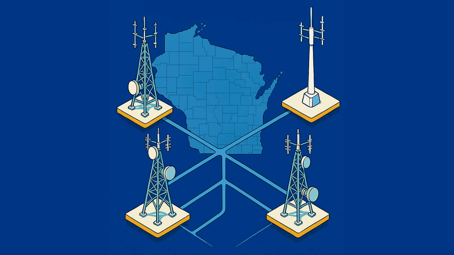 Map of Wisconsin with connected radio towers